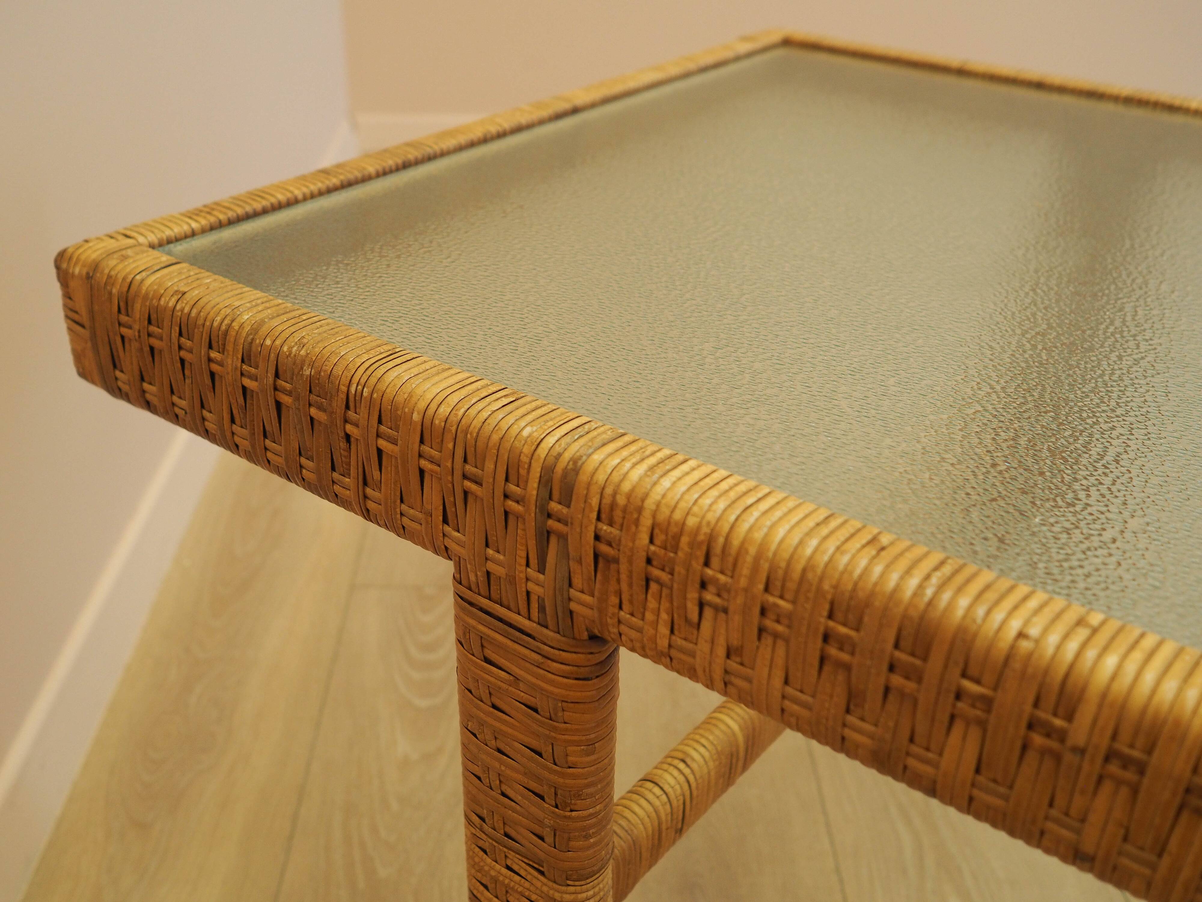 Glass and wicker side table, Danish design, 1970s, made in Denmark