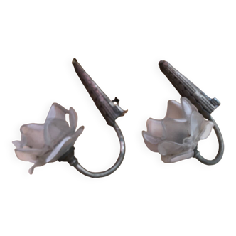 Pair old art deco wall lamp silver bronze + vintage glass tulip