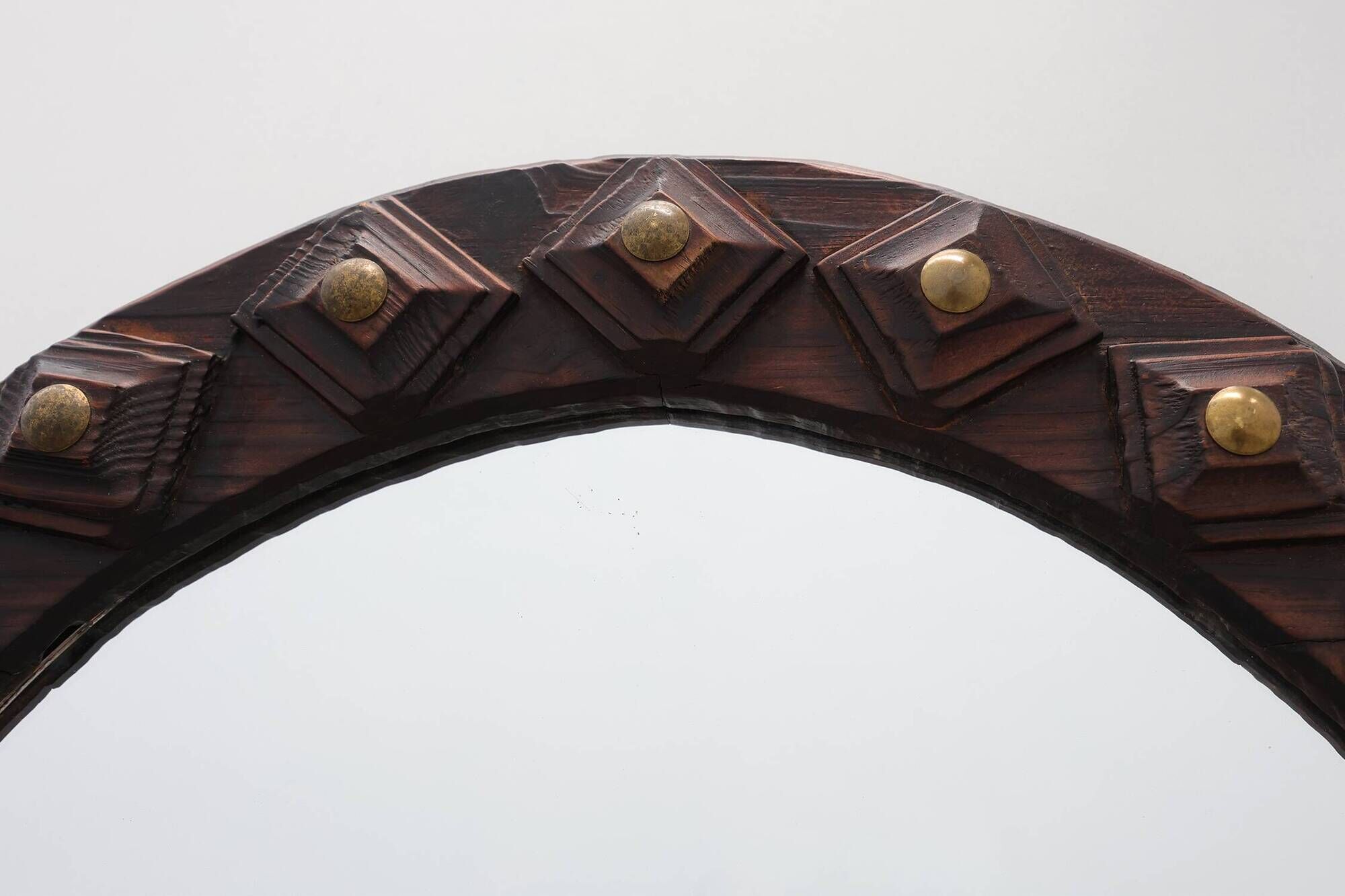 Spanish Brutalist Oval Mirror in Hand-Carved Wood with Brass Studs