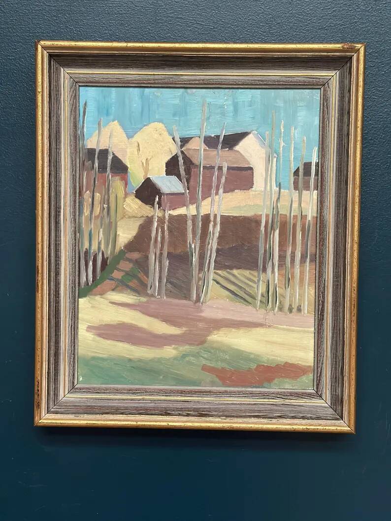 Original Swedish Oil on Panel – "Huts Behind the Trees" – Signed – Vintage & Framed – 51 × 43 cm (20.1" × 16.9")