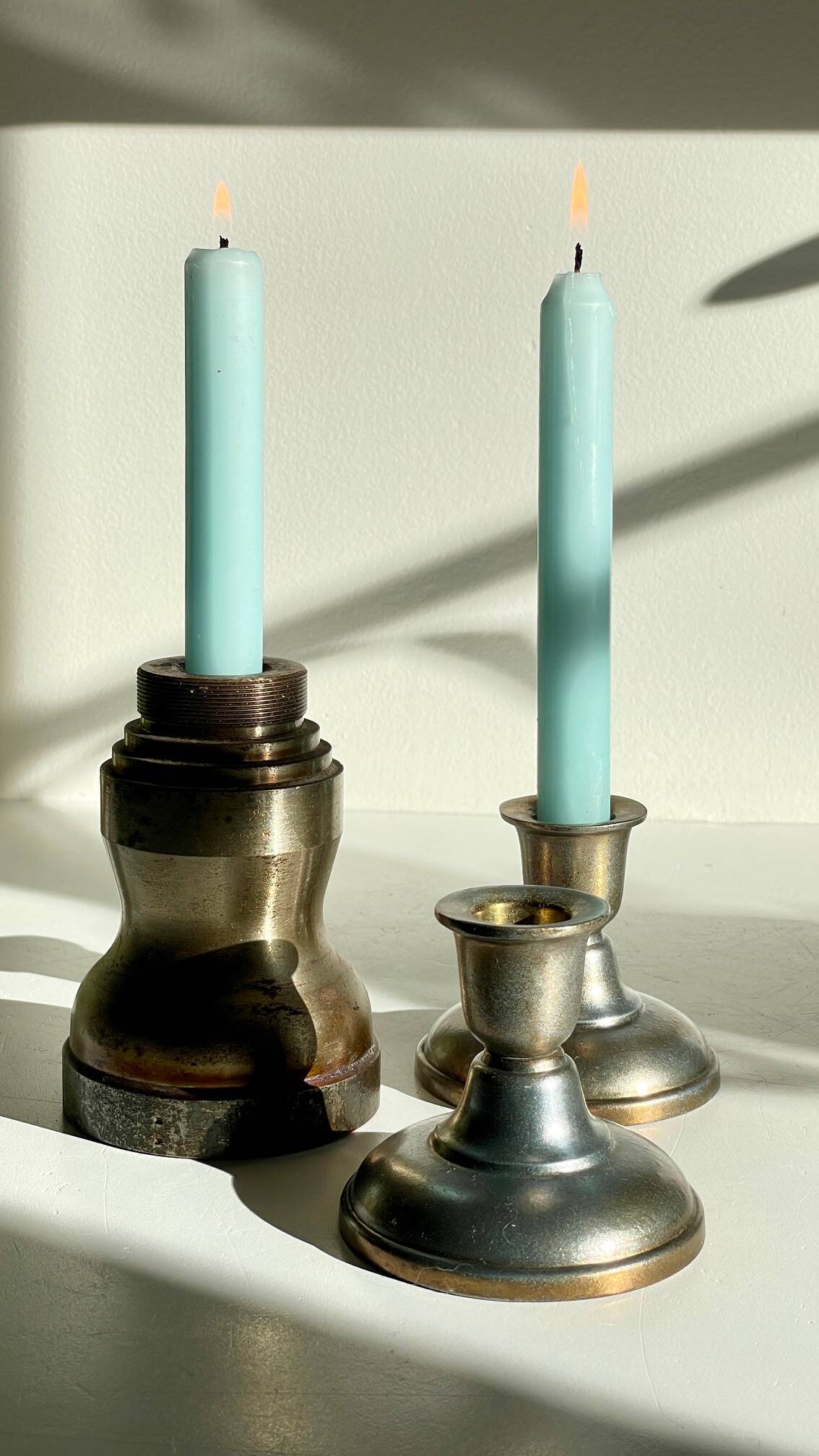 Industrial candle holders steel and silver bronze vintage