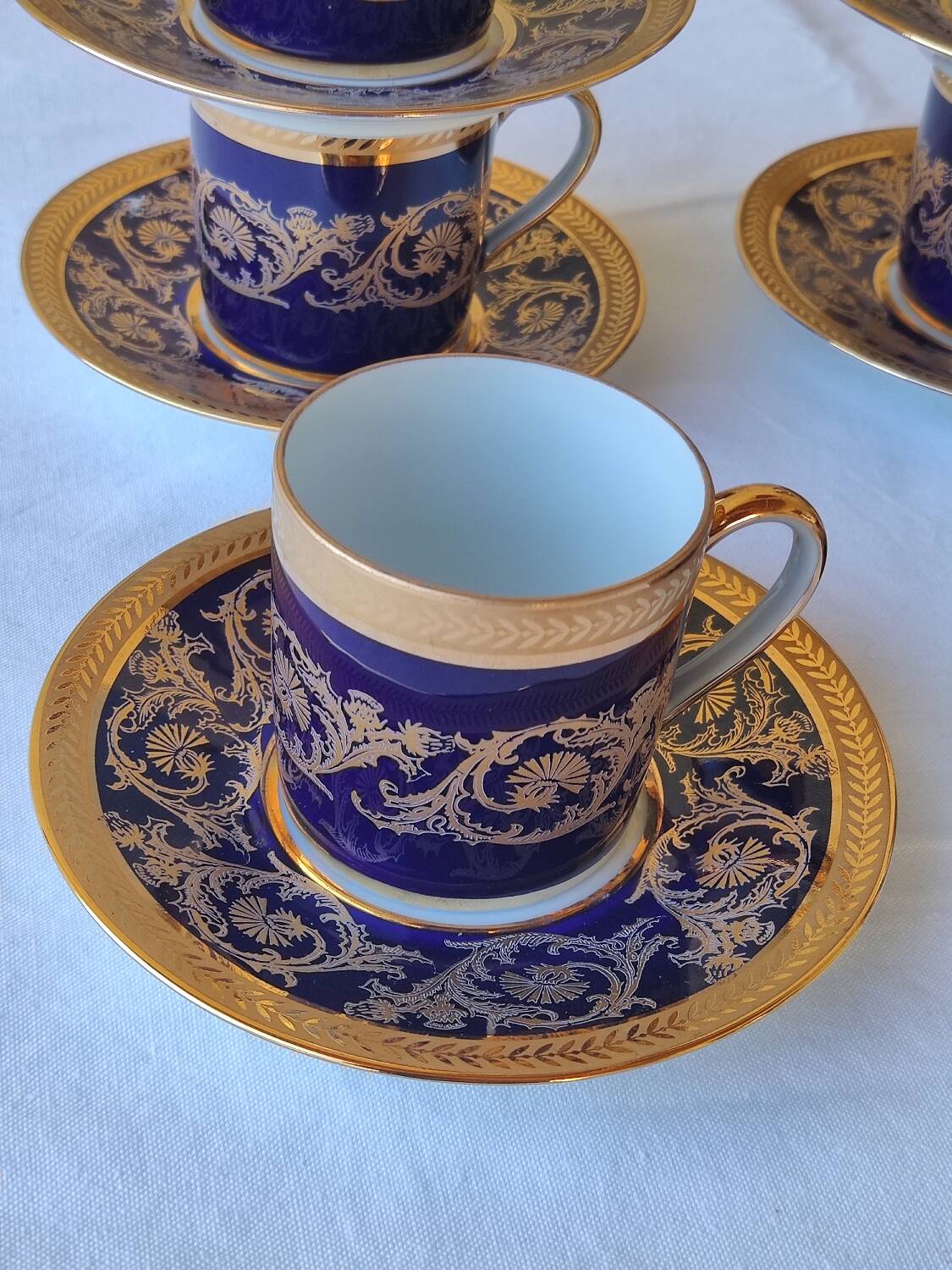 6 litron cups and saucers - oven blue and gold - Limoges porcelain
