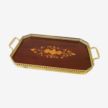 Old marquetry tray and gilded brass