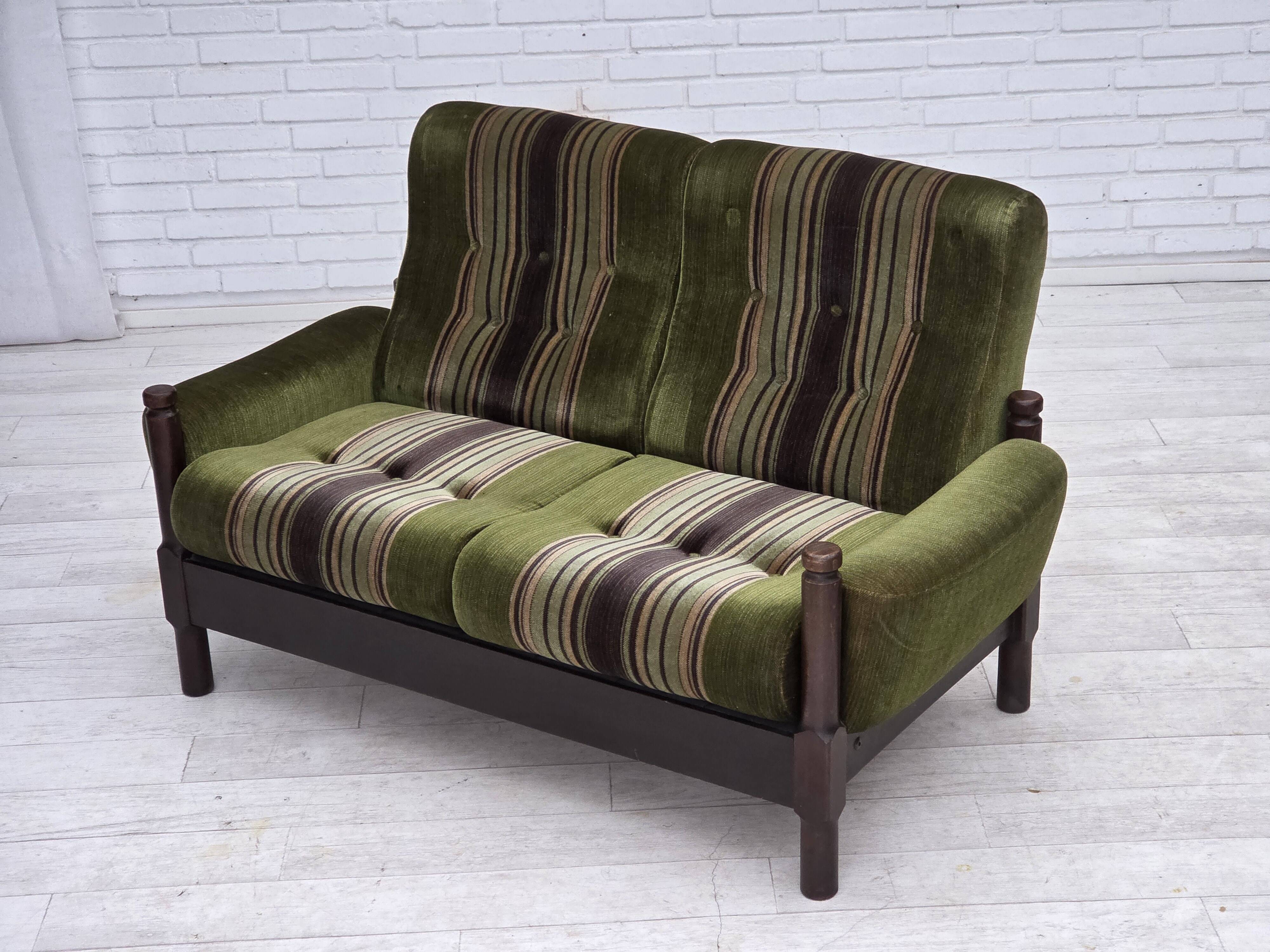 1970s, Scandinavian 2-seater sofa, green furniture velour, beech wood.