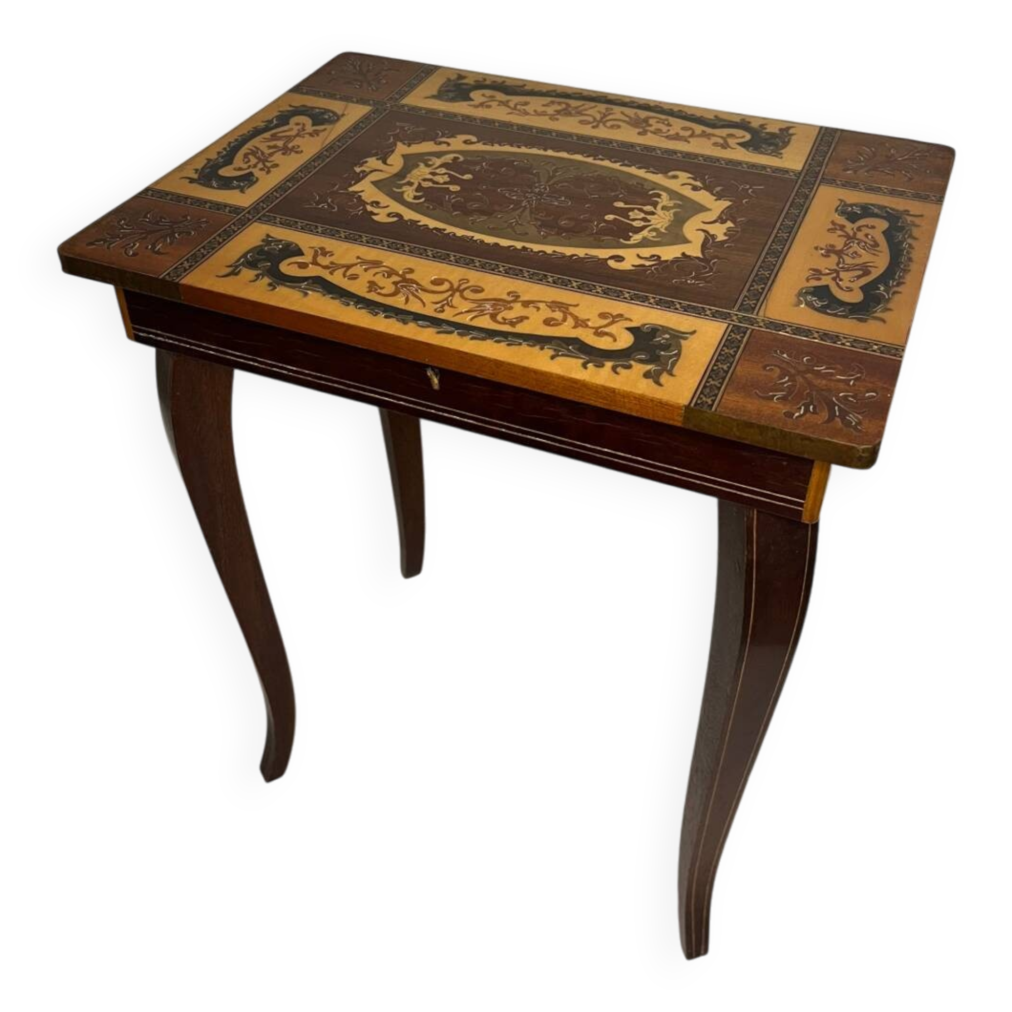 Small antique Italian inlaid table with Swiss music box.