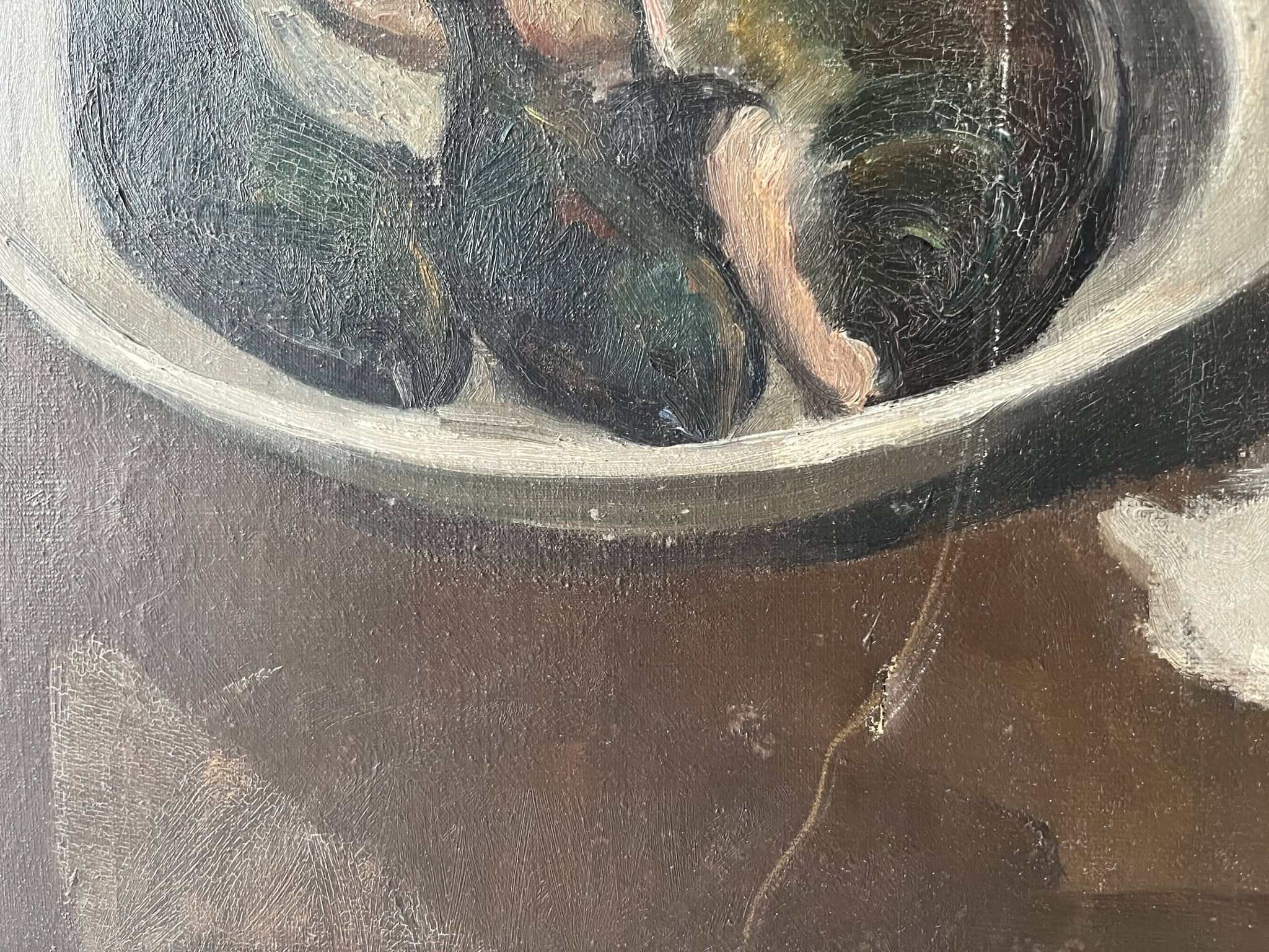 Oil on canvas still life with fish from the 1920s, antique painting.