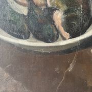 Oil on canvas still life with fish from the 1920s, antique painting.