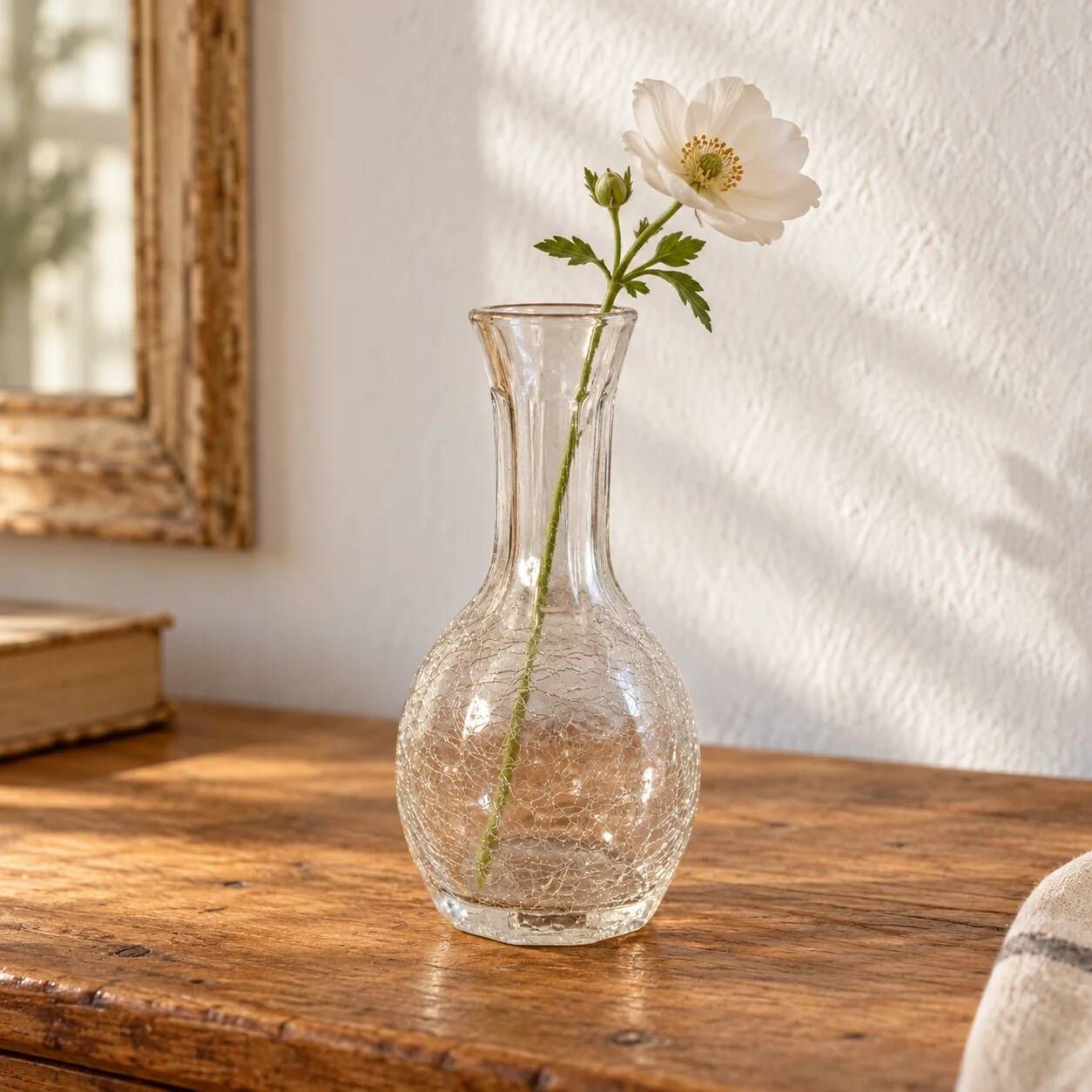 Small vintage soliflore vase in cracked transparent glass – H 17 cm