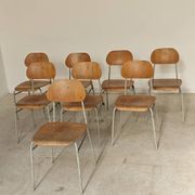 Set of 8 metal and wood school chairs  
Ex Czechoslovakia 1960