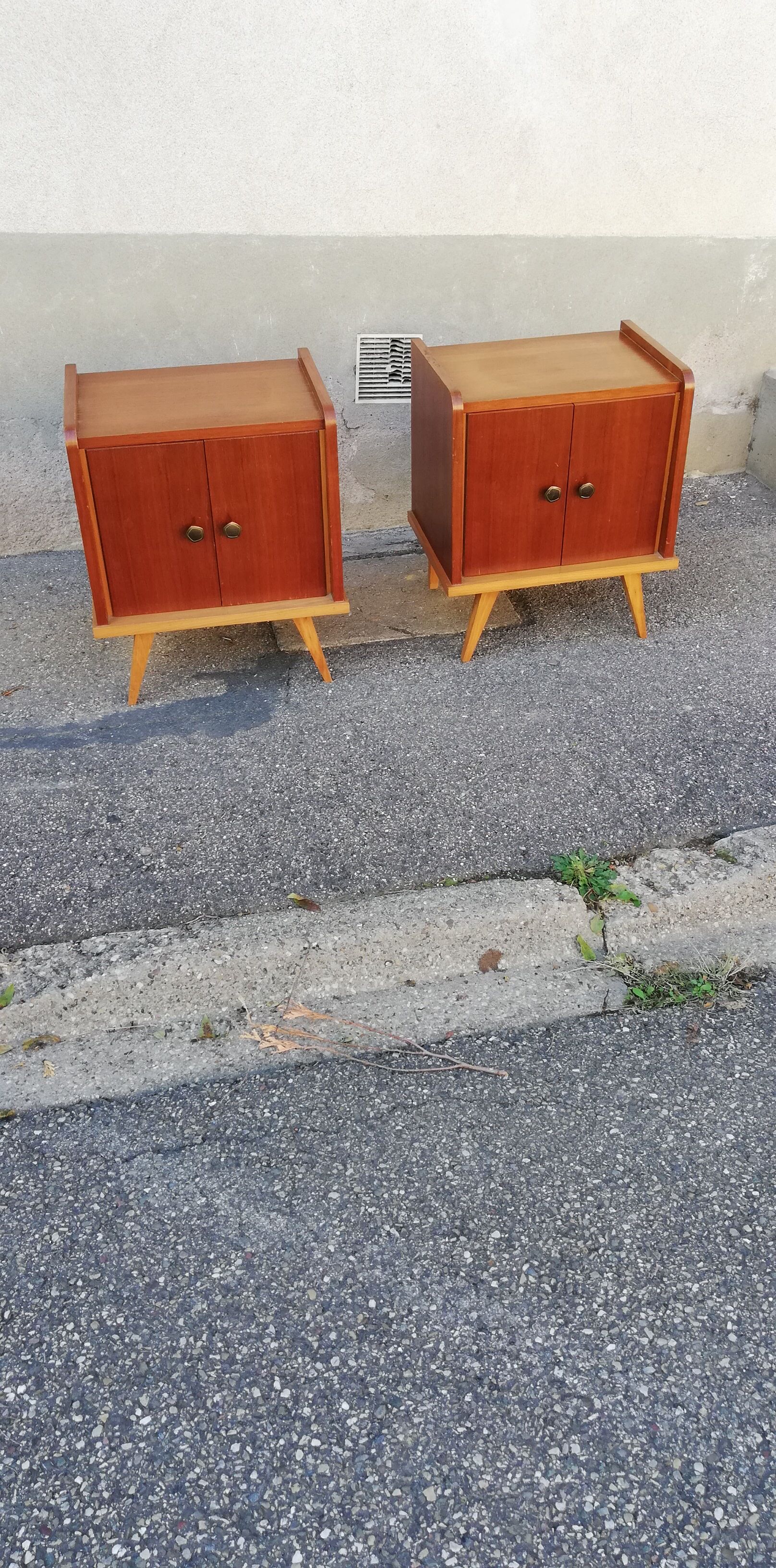 Pair of vintage wooden bedside tables 2 tones