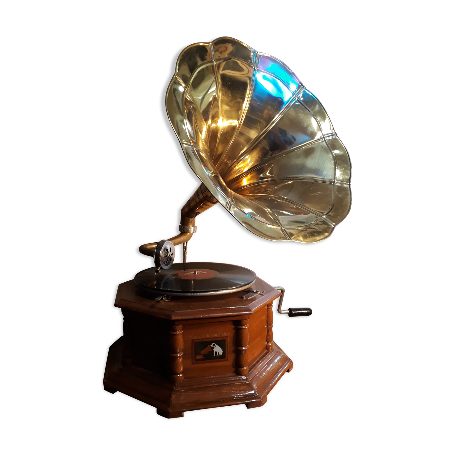 Former gramophone the voice of his master with brass pavilion, , with a disc 78 runs my