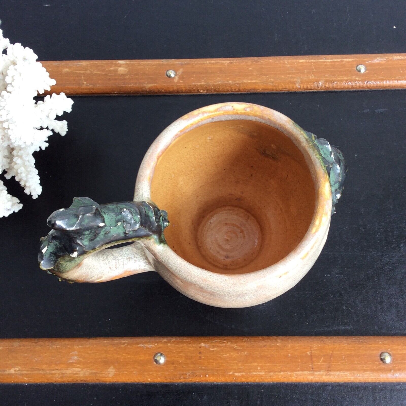 Mug cup with laughing face in sandstone Sylvain Sttublet vintage ceramic 1950