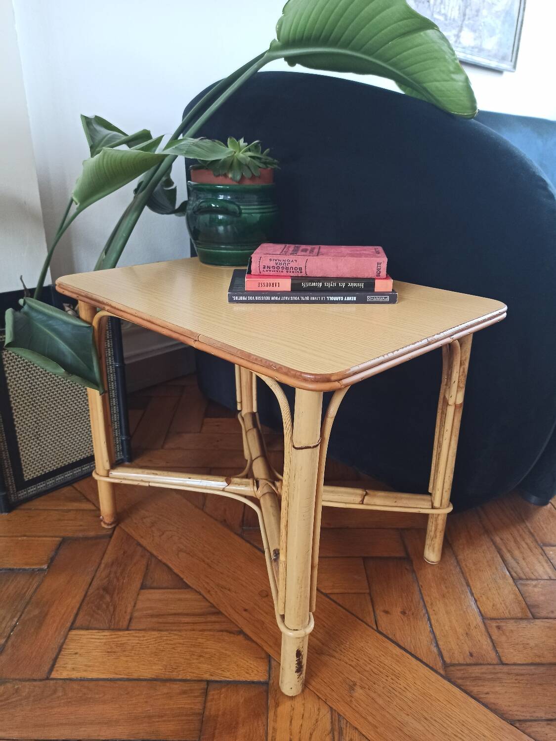 Table d'appoint vintage en rotin et bambou