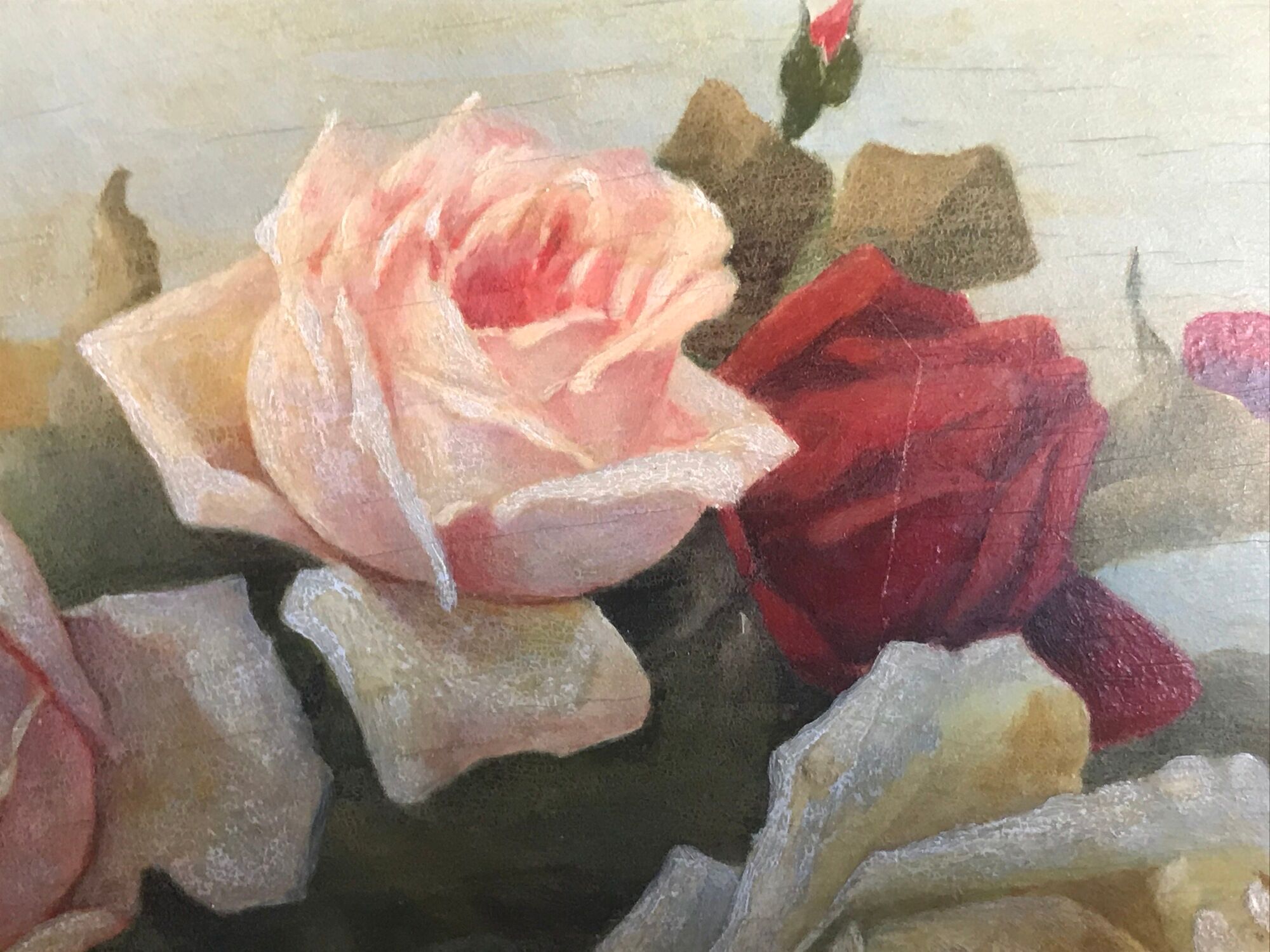 Painting oil on wood flowers bouquet of old roses 1930 signed