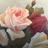 Tableau huile sur bois fleurs  bouquet de roses anciennes 1930 signé