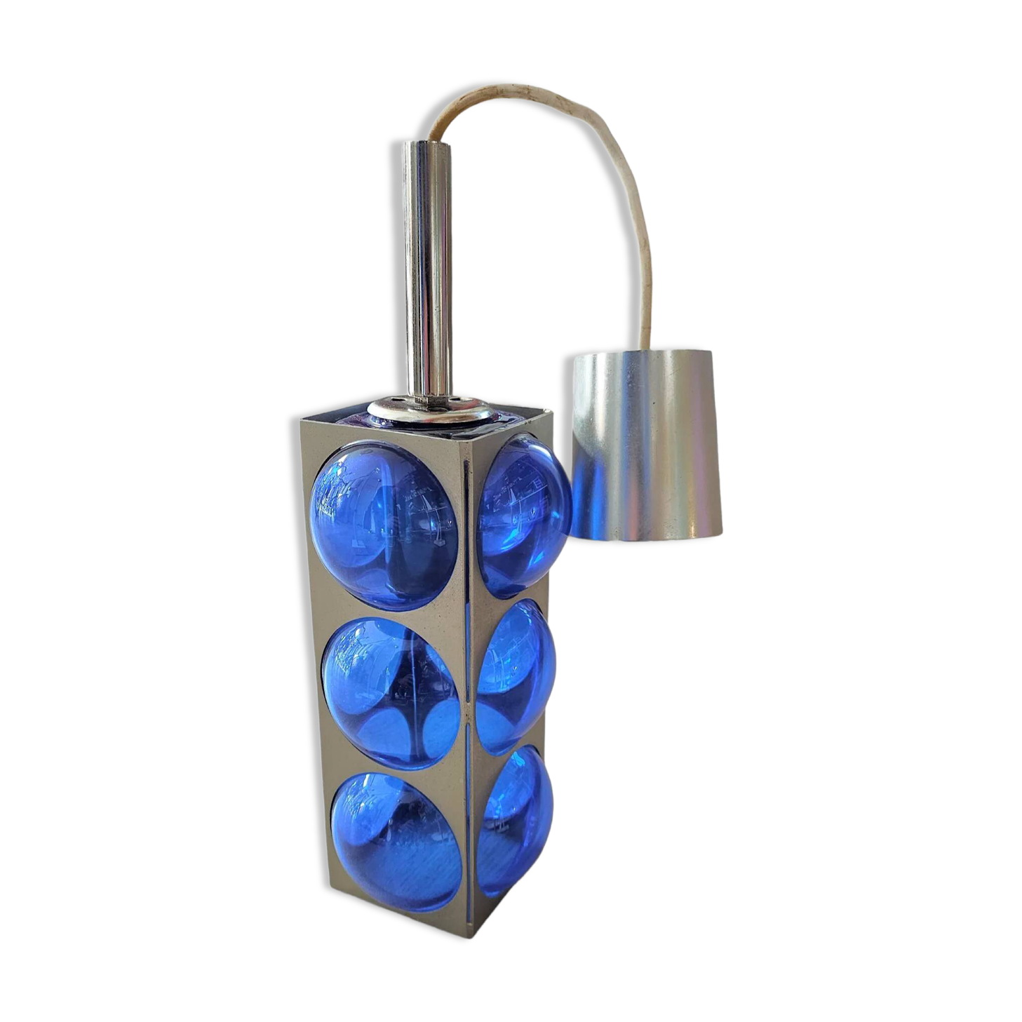 Blue glass / chrome hanging light / 1980s / Temde Swiss