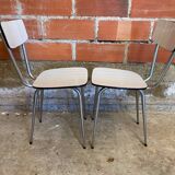 Pair of antique chrome metal chairs + white formica seat & back