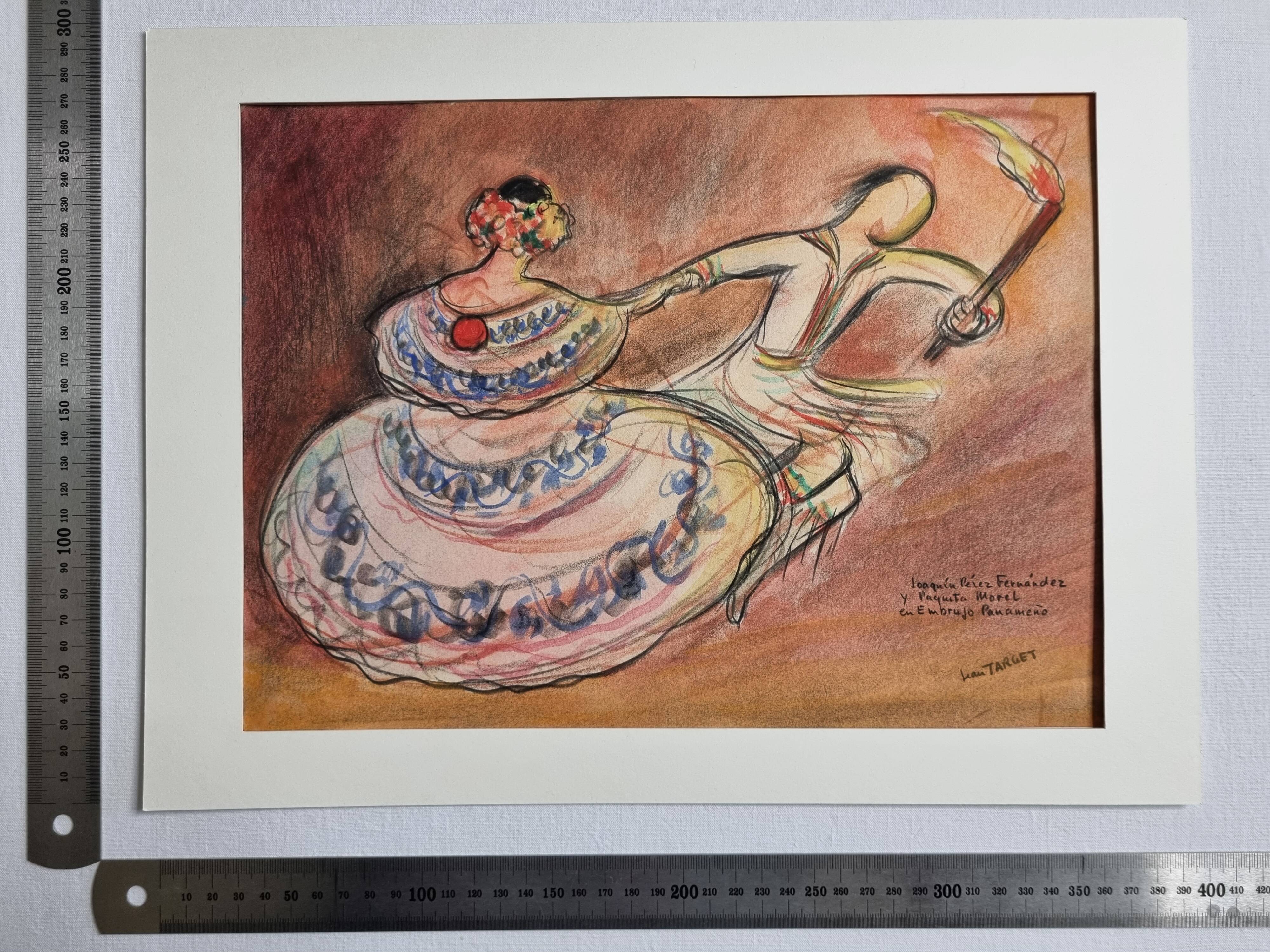 Original pastel signed by Jean Target, Mexican folk dance, 30x40 cm