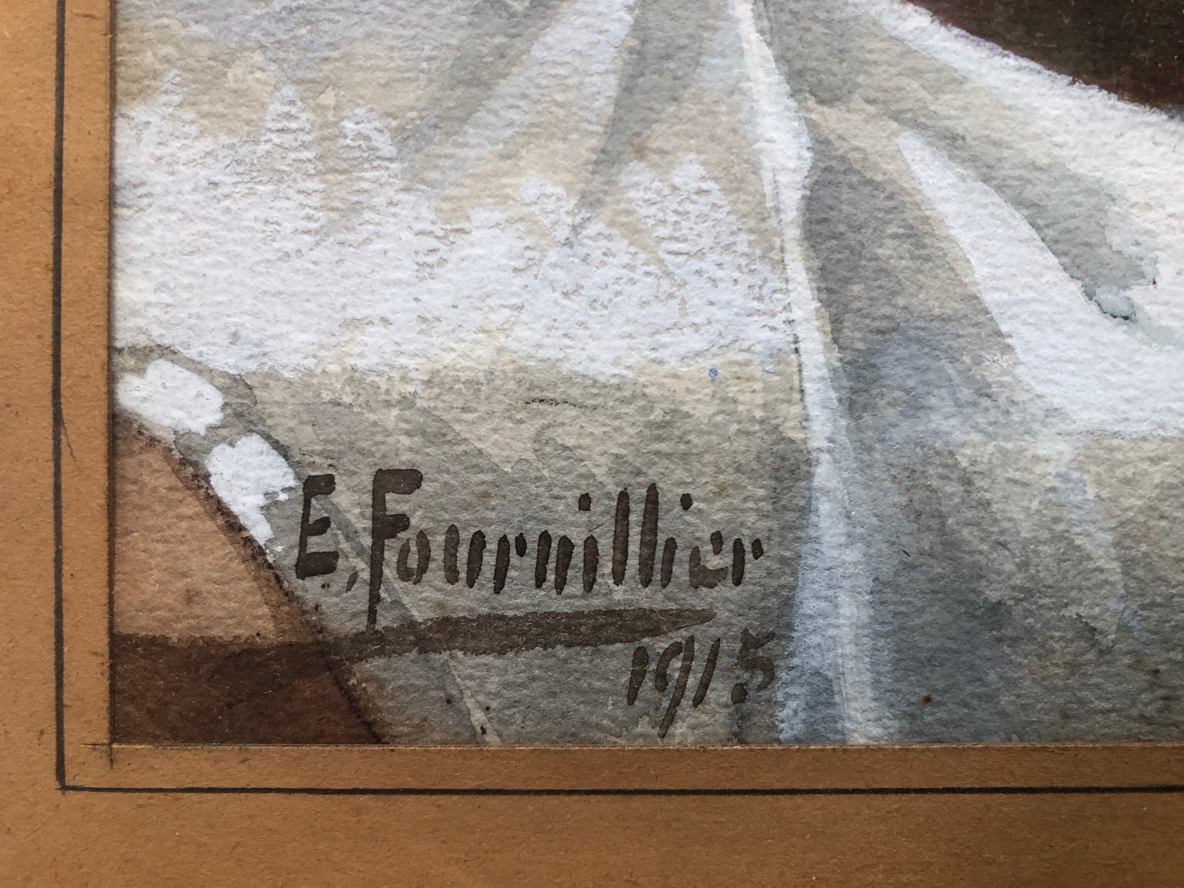 Watercolor "les grenades" signed e. fournillier 1915, in gilded wood frame, still life, perpignan 66