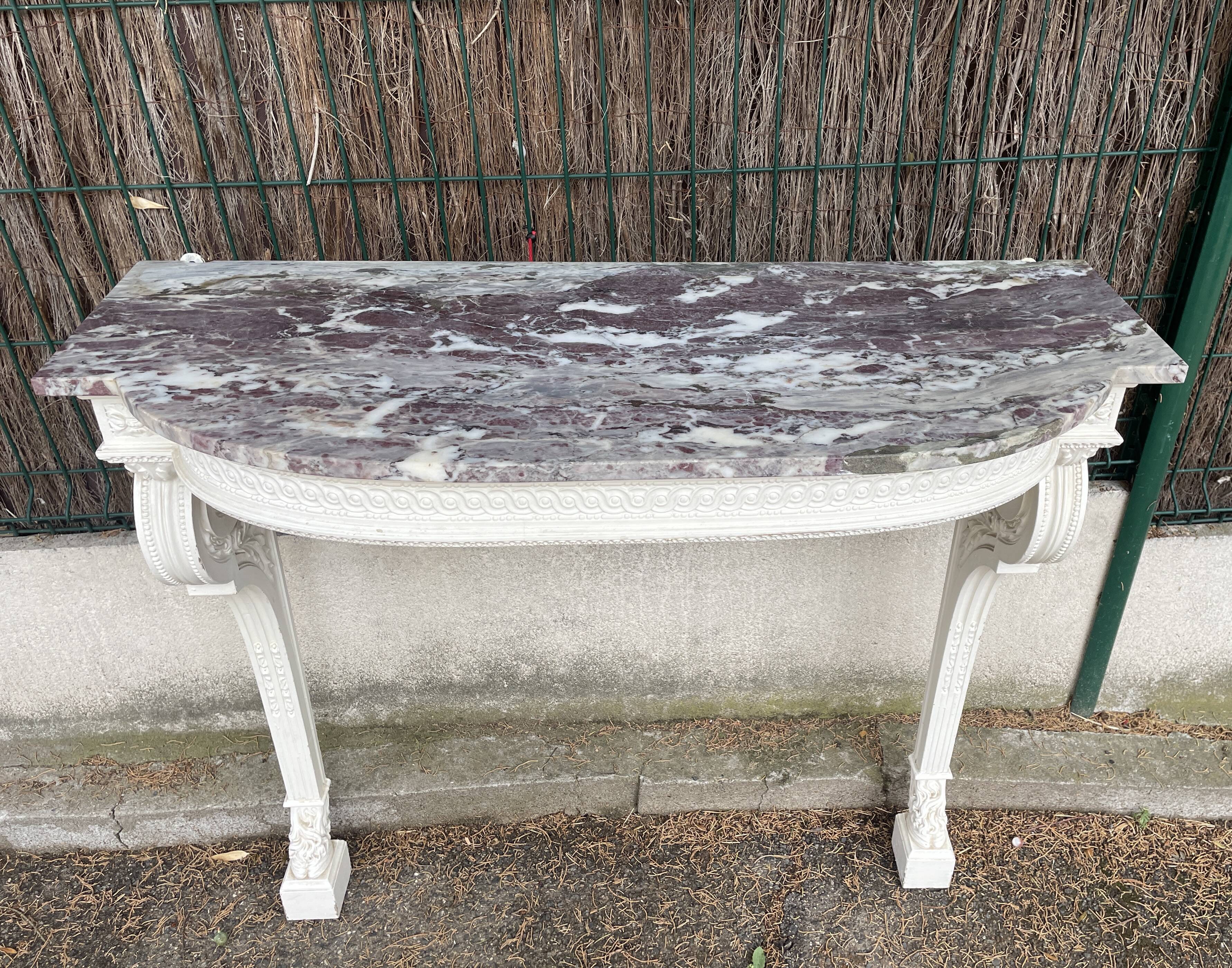 Painted wooden wall console with doe legs and interlacing. Louis XVI. Peach blossom marble