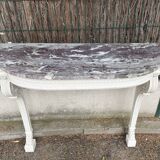 Painted wooden wall console with doe legs and interlacing. Louis XVI. Peach blossom marble