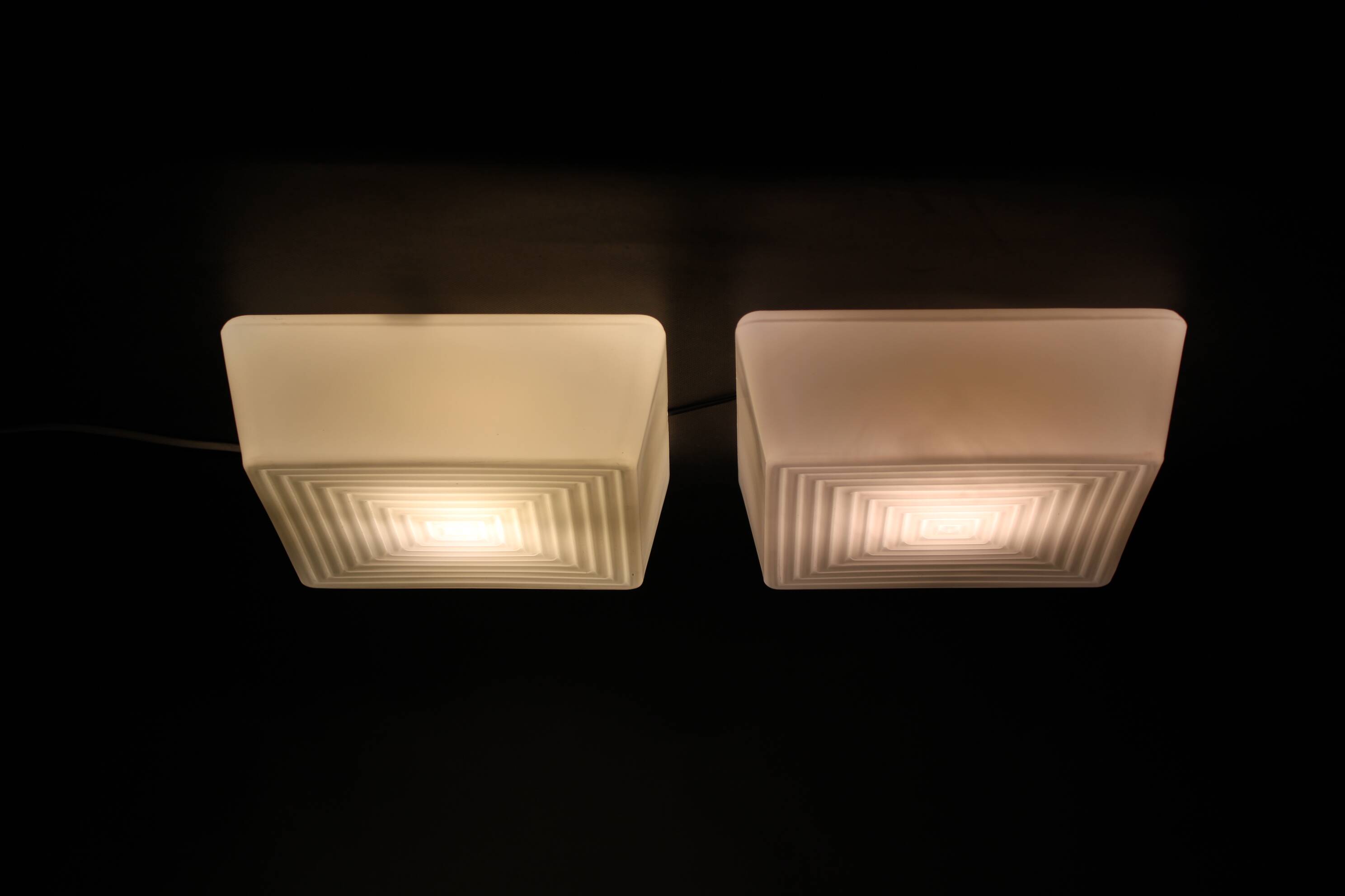 1970s Pair of Milky Glass Square Ceiling Lights, Czechoslovakia