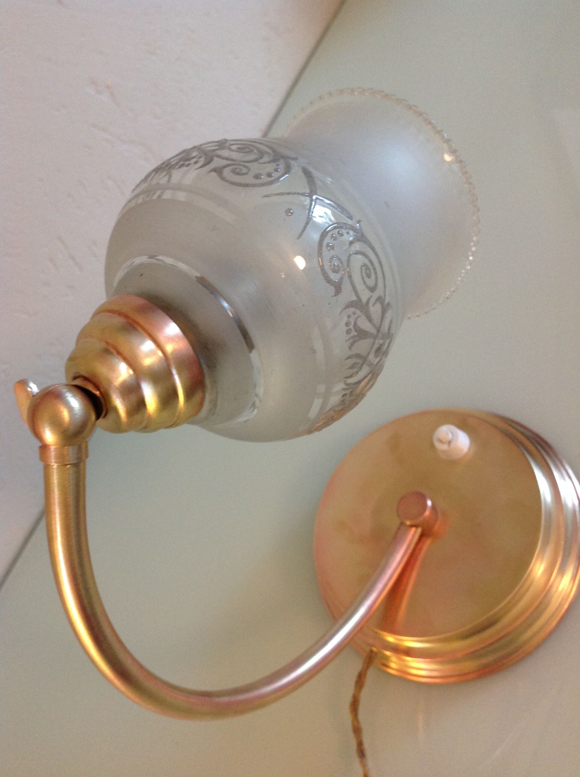 Brass bedside lamp and glass silkscreen vintage 50-60 years