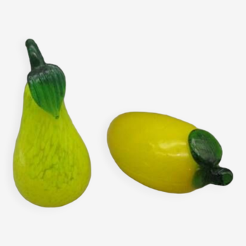 2 Fruits en verre déco anciens: poire et mangue