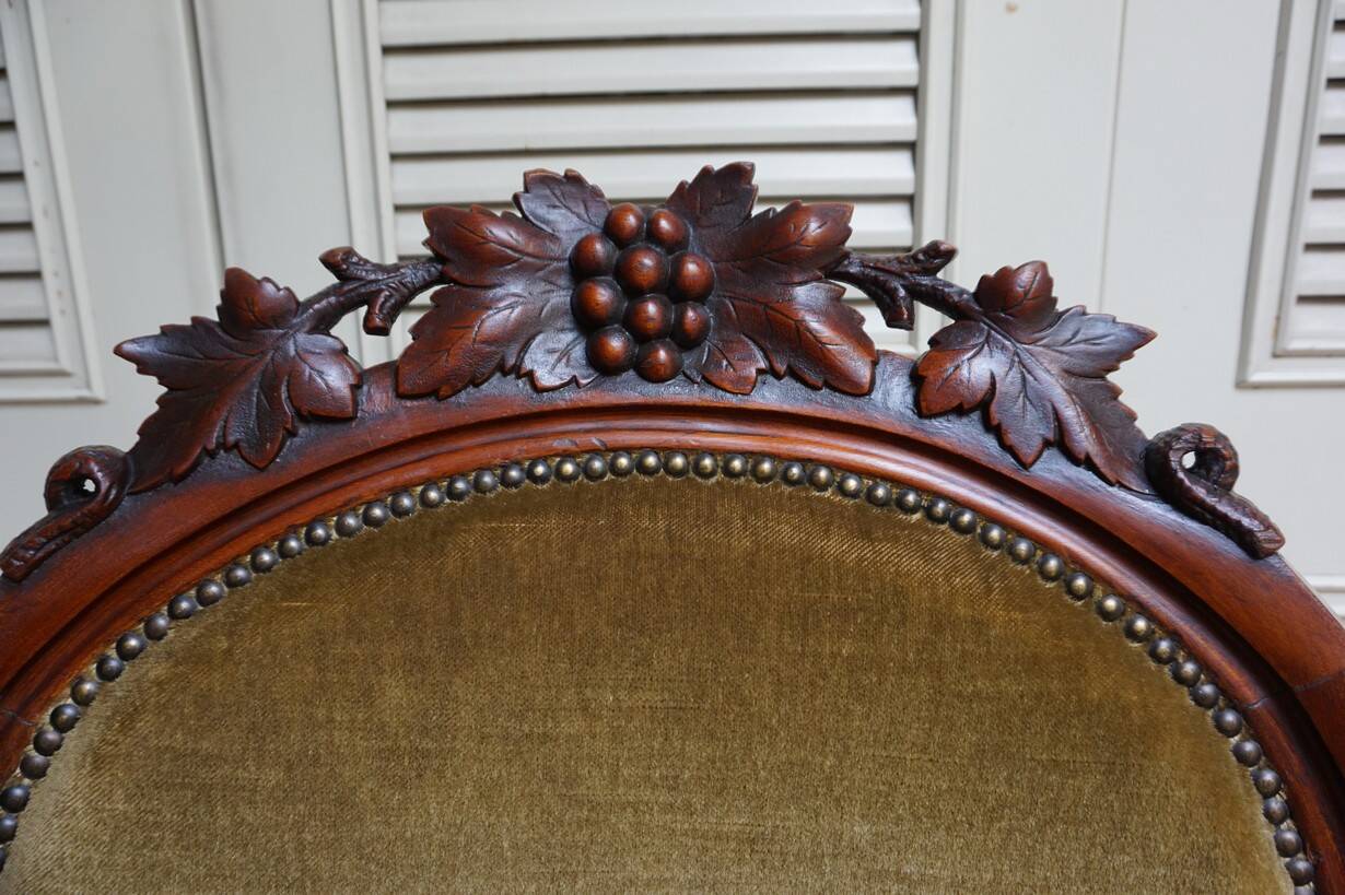 Mahogany Napoleon III Armchair with Carved Grapes  Decoration on Top, 1870s