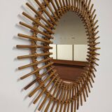 Miroir soleil  XL en rotin des années 50/60