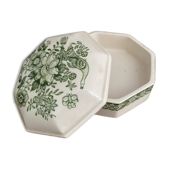 Box with lid in English Mason Porcelain excellent condition green and white 9 cm