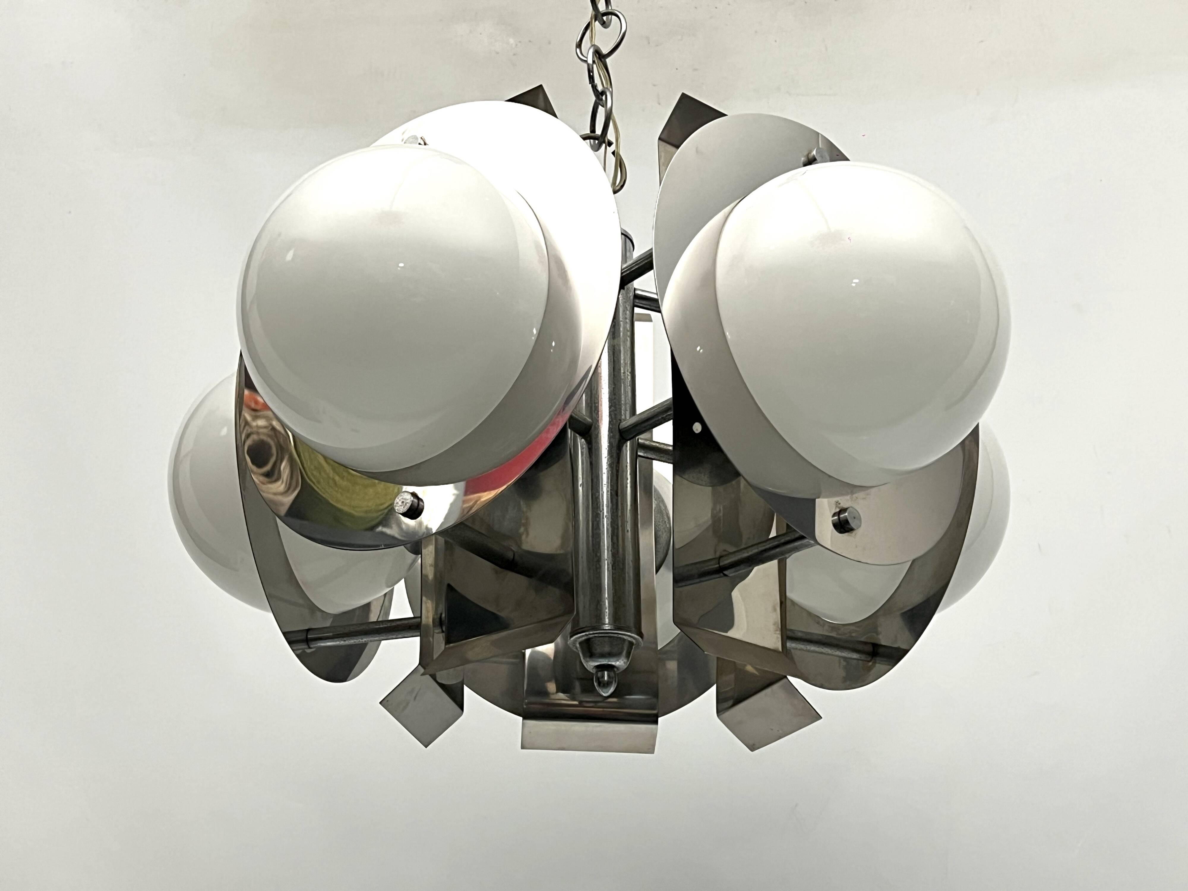 Space Age five lights chandelier in chrome and white glass. Italy 1970s