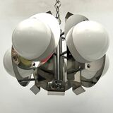 Space Age five lights chandelier in chrome and white glass. Italy 1970s