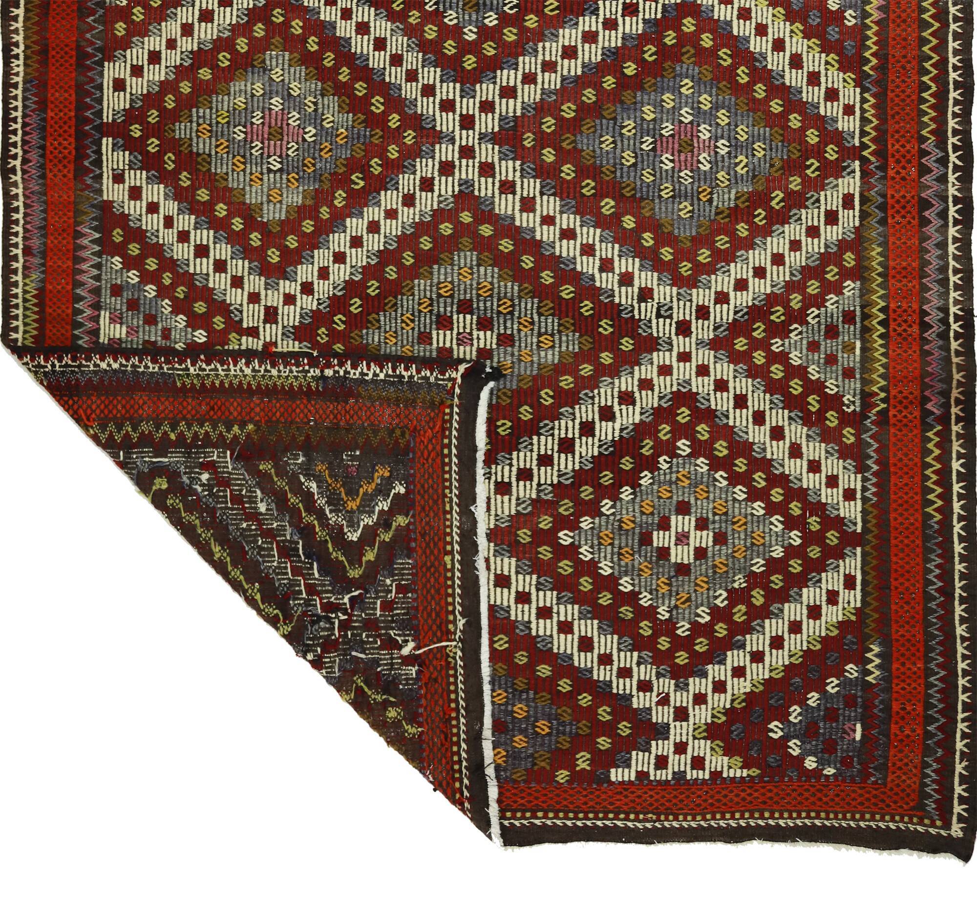 Grand Turkish Kilim Usak Vintage 200x327 cm Geometric Handwoven