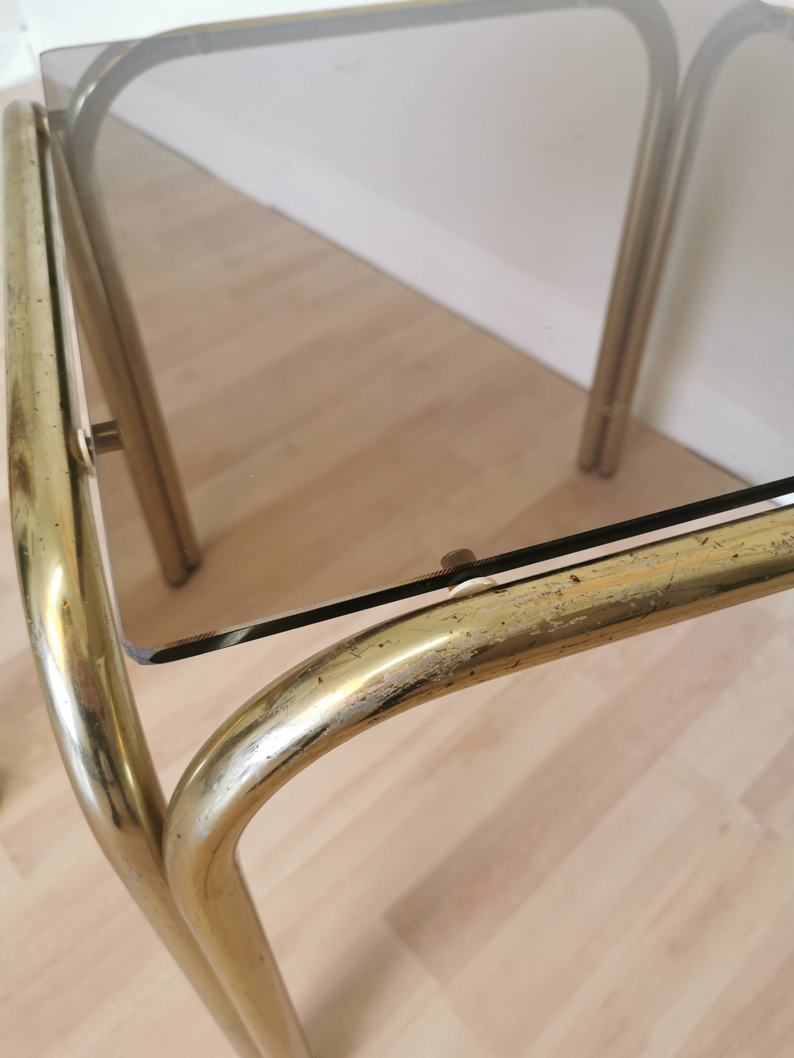 Vintage Italian Coffee Table: Brass & Smoked Glass, Mid-Century Modern