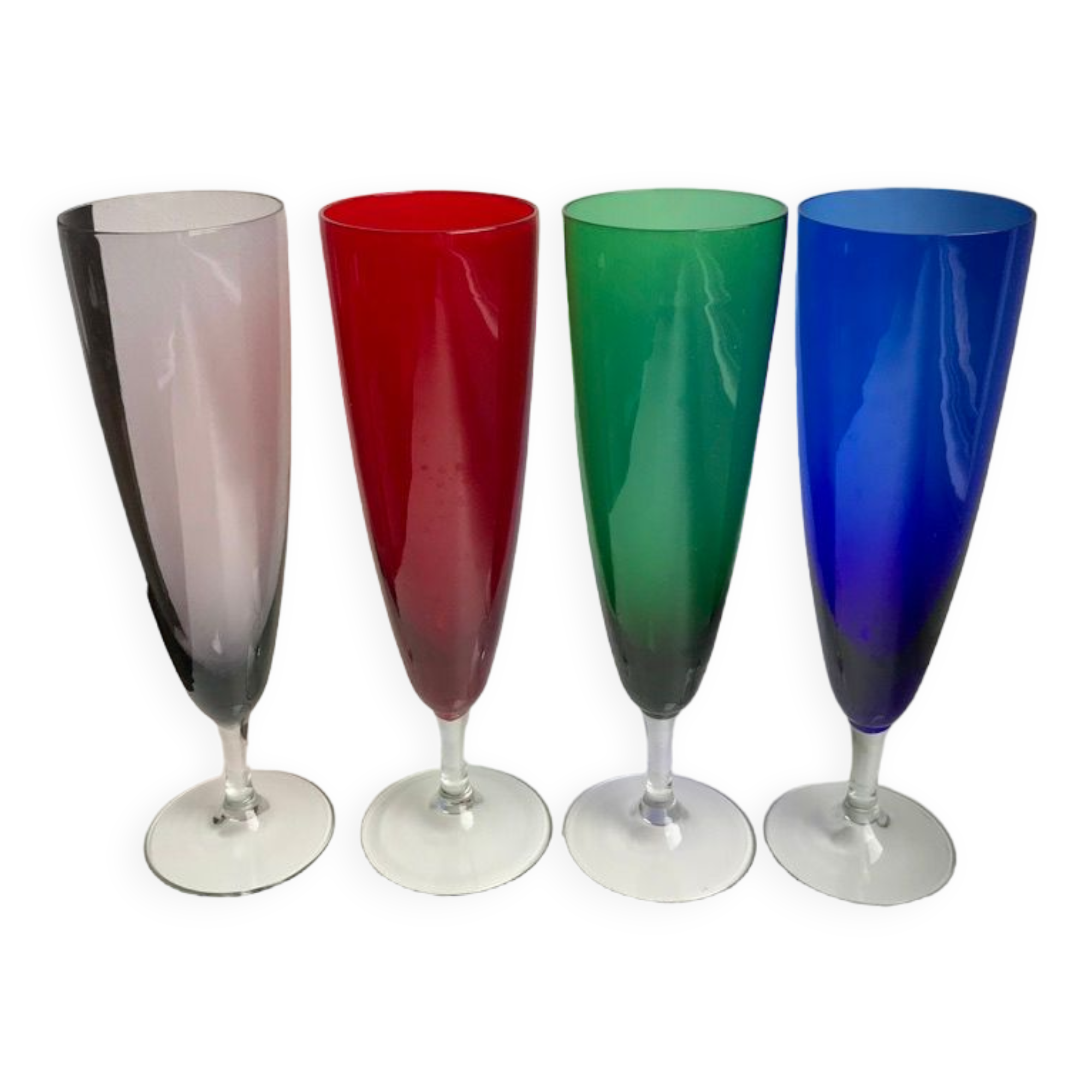 Set of 4 champagne flutes in colored glass 70s