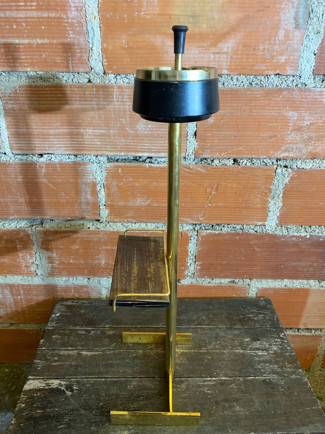 Brass Floor Ashtray + Wooden Shelf + Vintage Black Metal Ashtray