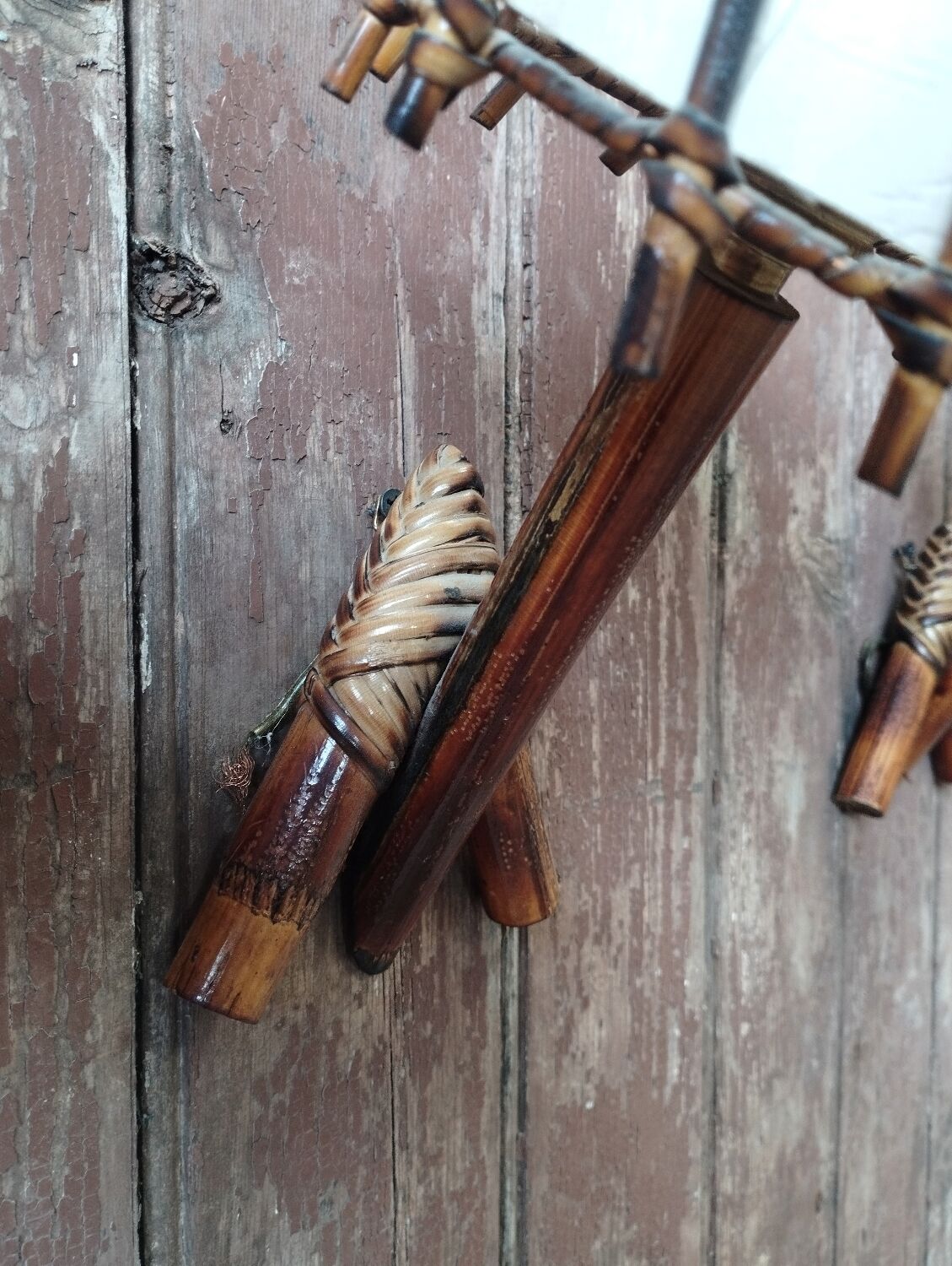 Pair of vintage rattan and bamboo wall lights