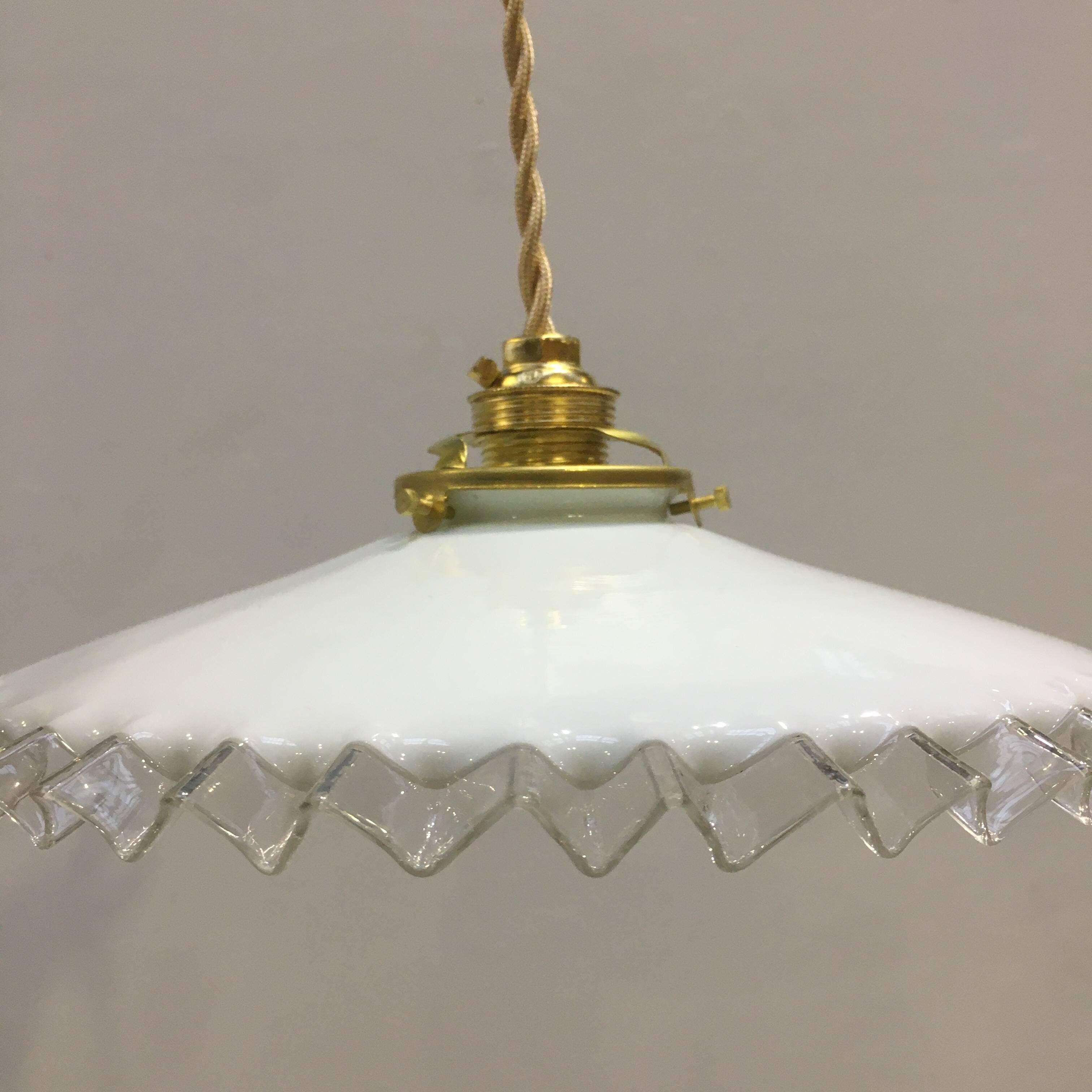 Pair of vintage pendant lights in white opaline and transparent serrated edges