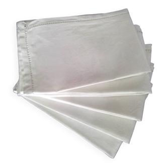 5 Large antique white linen napkins, openwork border 66 x 78 cm