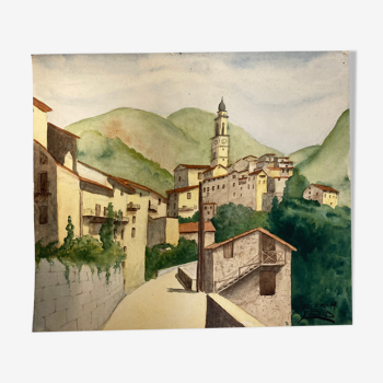 Watercolor landscape bell tower