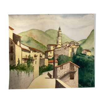 Watercolor landscape bell tower