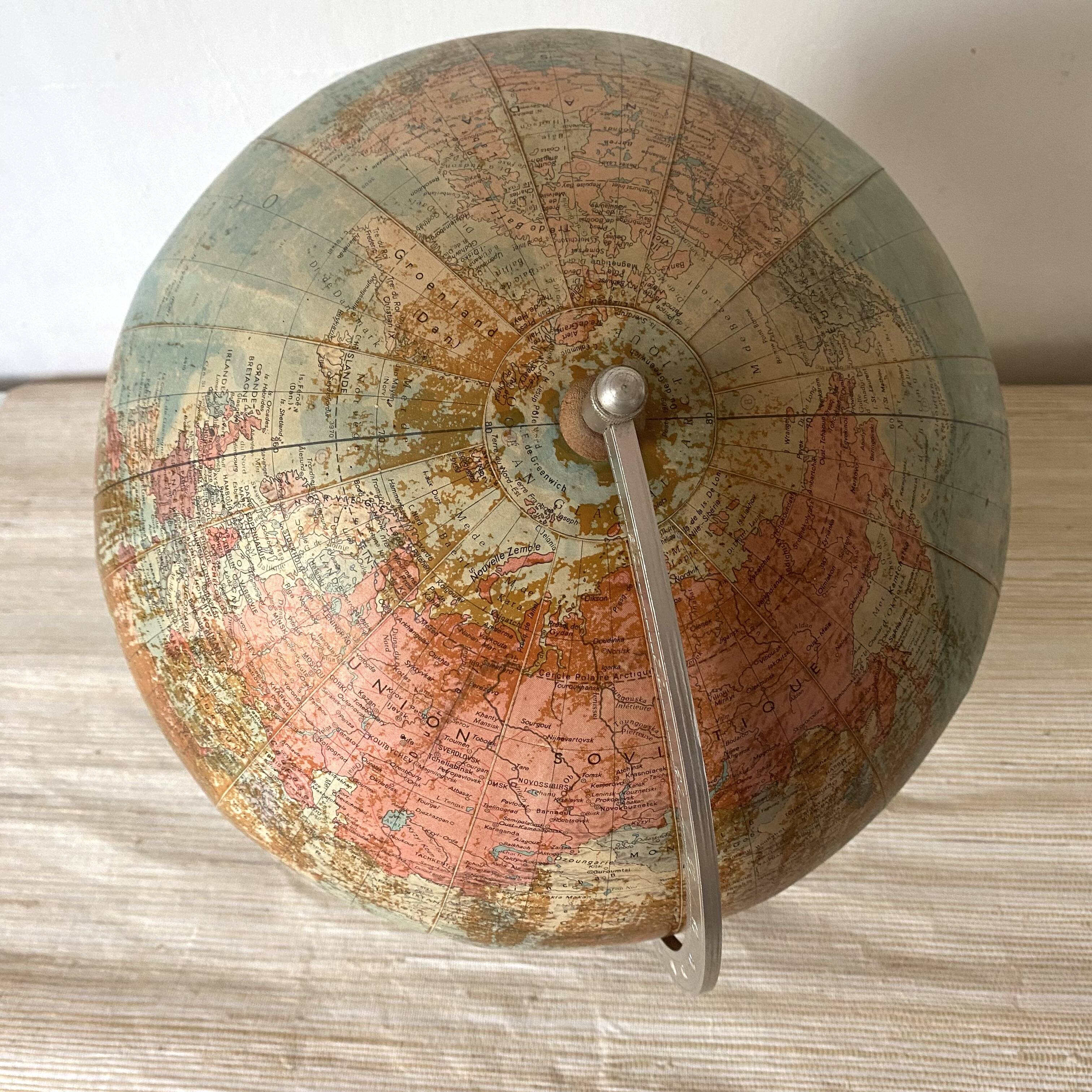 Old terrestrial globe with wooden base H46 cm