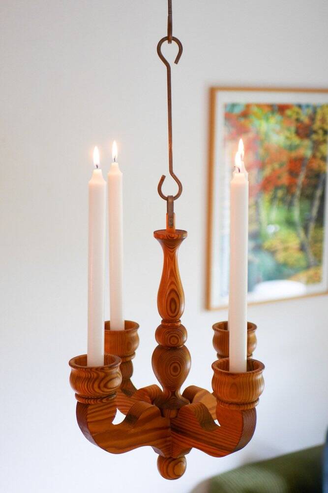Rustic wooden pendant chandelier candleholder from Smålandsslöjd, Sweden, 1975
