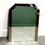 Vintage German brass & smoked mirror with architectural faceted top, 1980s.
