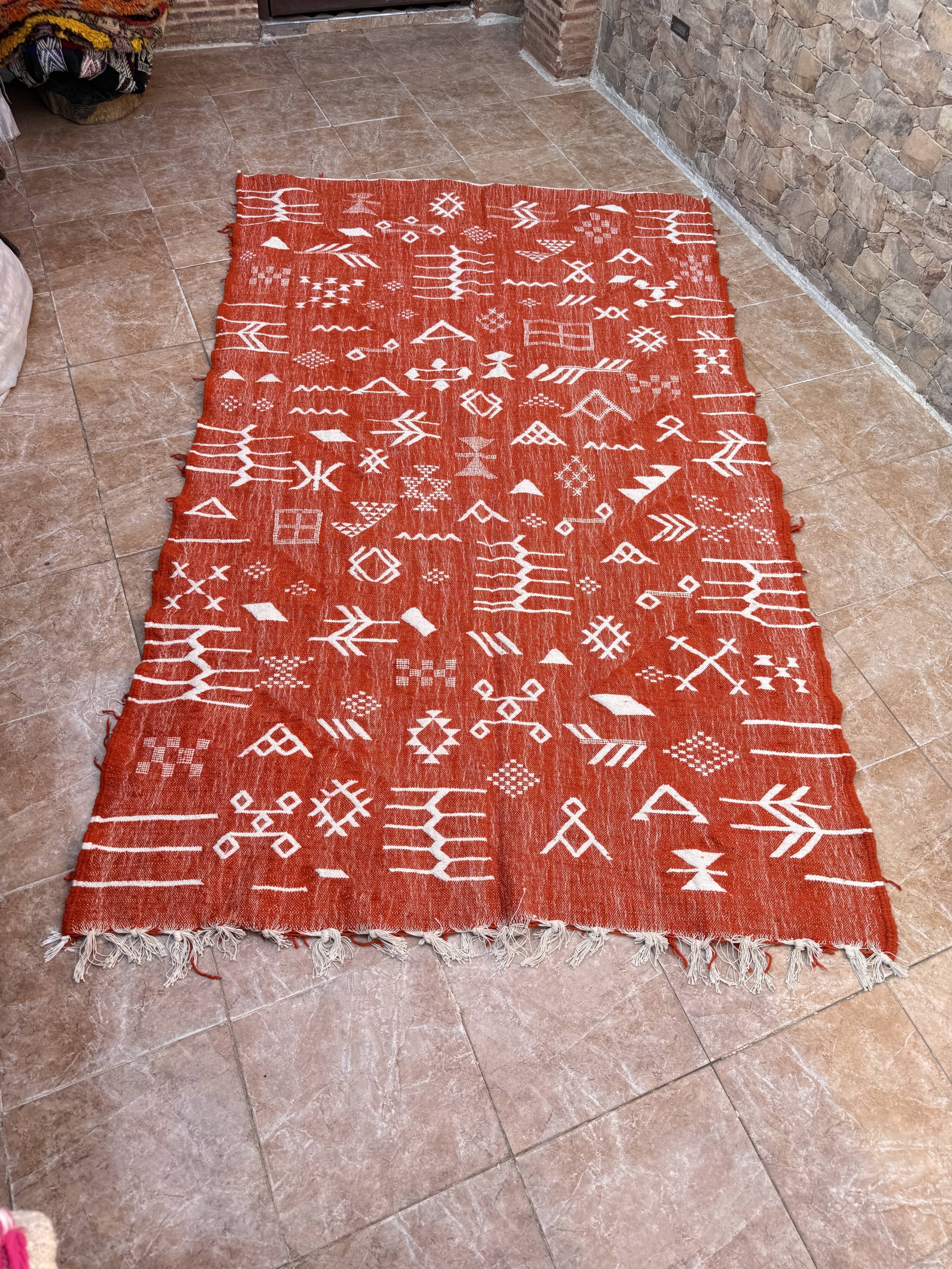 Handmade wool Berber rug – Bohemian orange Moroccan kilim
