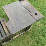 Brown painted wooden school desk for children, vintage 1920s set, slatted seat and storage.