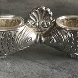 Salt and pepper shaker holder with a pair of fish in metal, Italian design