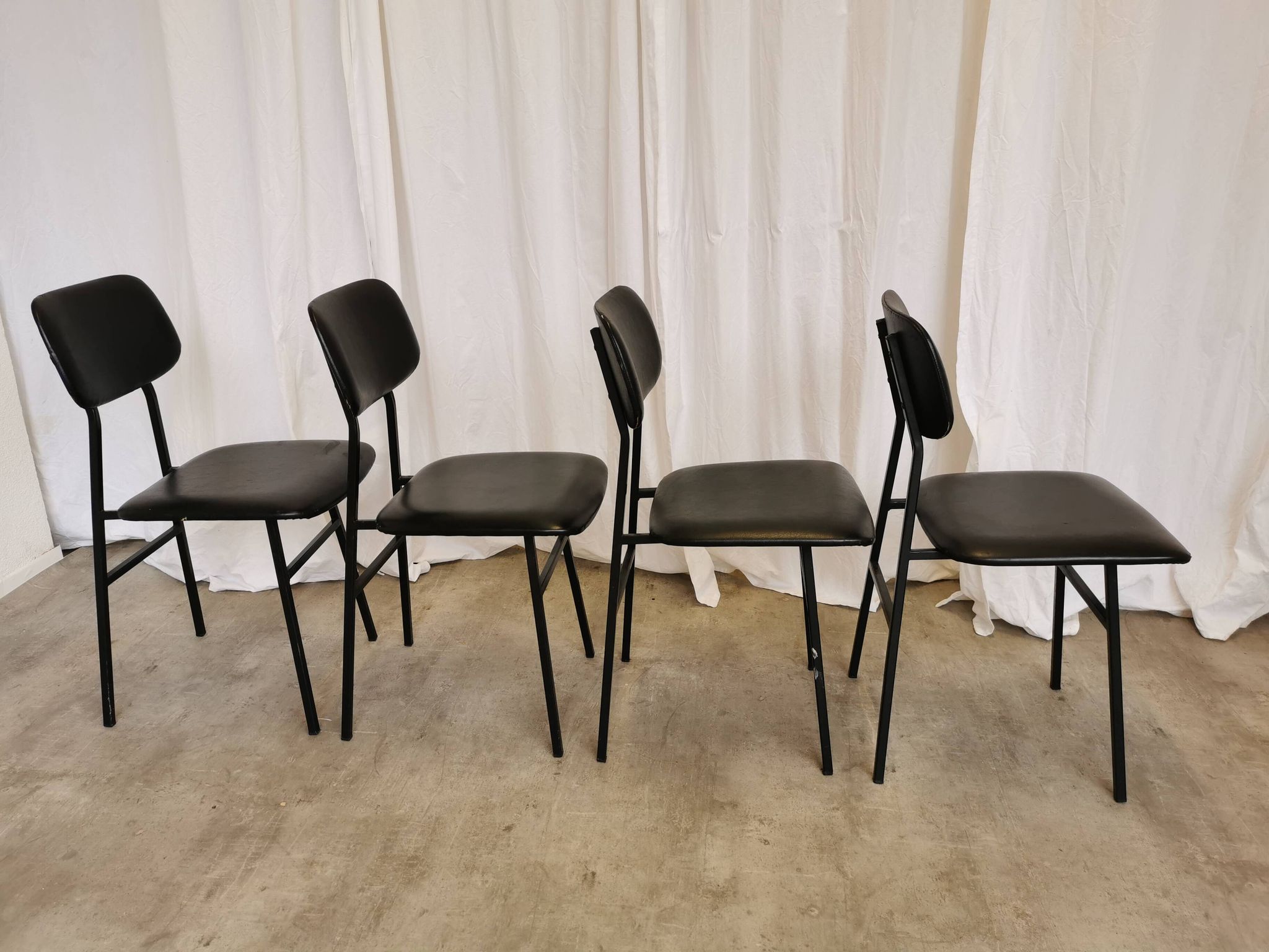 SET of 4 Vintage School Chairs /Black Leather / STOL Kamnik 80s Yugoslavia