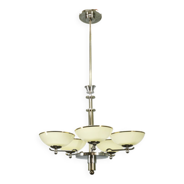 1930s Czech Art Deco Nickel Chandelier with Champagne Glass Shades